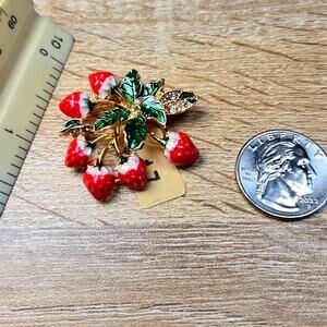 Strawberry Bunch Brooch Red Enamel Fruit Pin Cottagecore Coquette Gold Tone